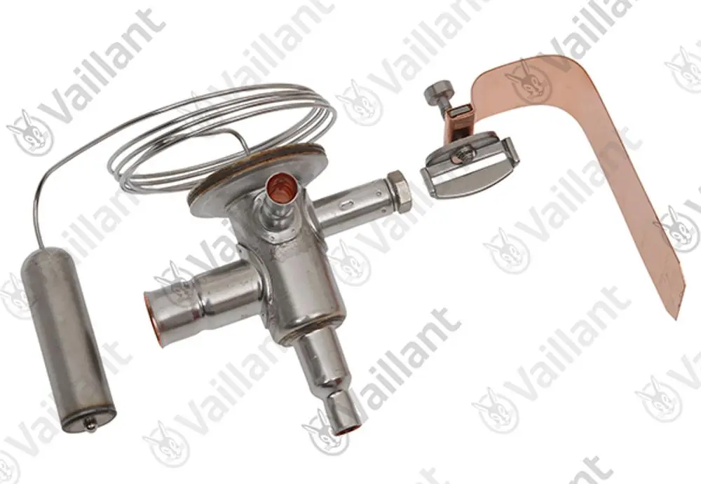 Vaillant Expansionsventil aus Metall mit verschiedenen Anschlussmöglichkeiten und einer Feder. Teile sind zur Montage und Regelung von Heizsystemen geeignet.